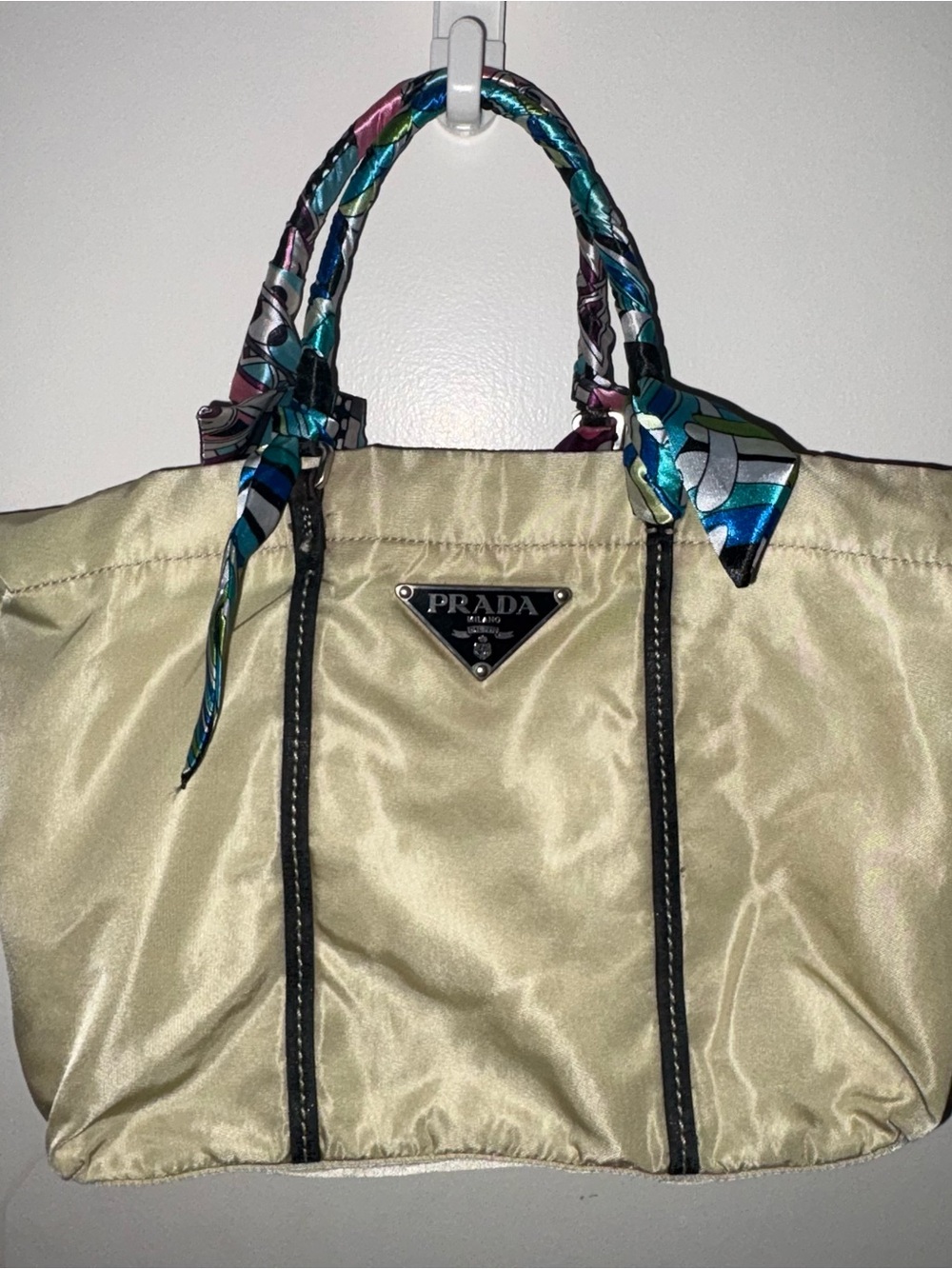 Prada Cream Nylon Tote with Multicolor Scarf-Detail Handles